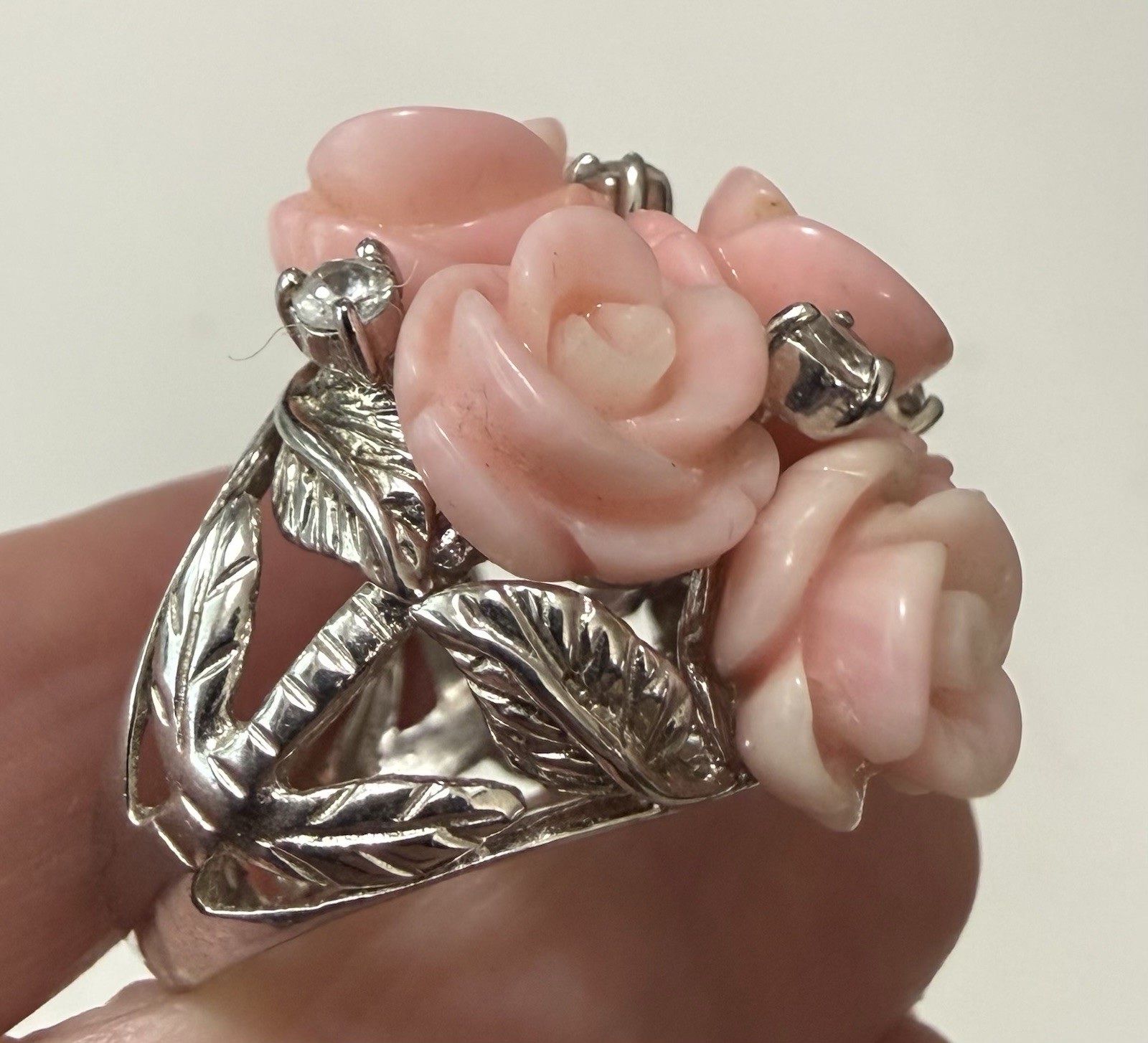 1990s Sterling Silver Angel Skin Coral Roses White Topaz Necklace Ring Sz 9 Set