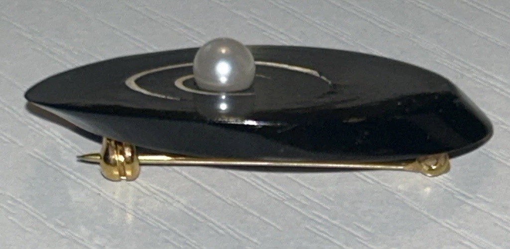 Vintage Maui Divers Black Coral & Pearl 12KT GF Inlay MCM Modernist Brooch 60’s