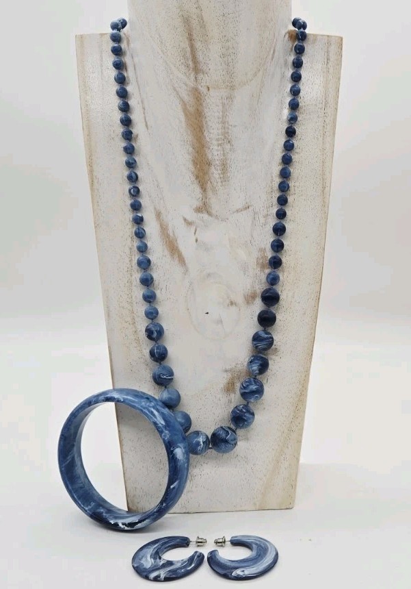 Denim Blue Marbled Jewelry Set Vintage Couture 3pc Necklace Bracelet Earrings