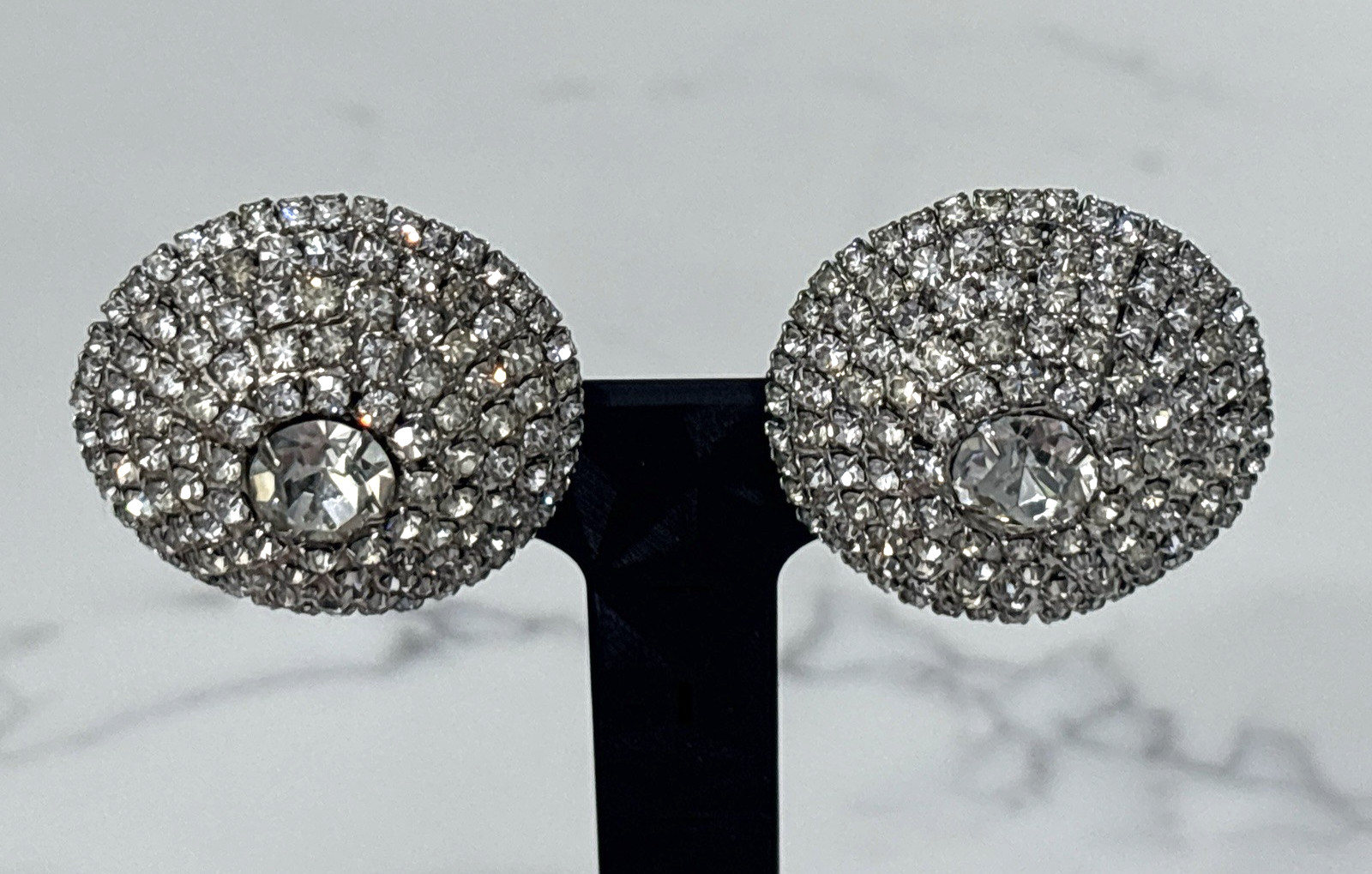 Vintage Rhinestone Dome Clip On Earrings Statement Huge Bold Glam Sparkle