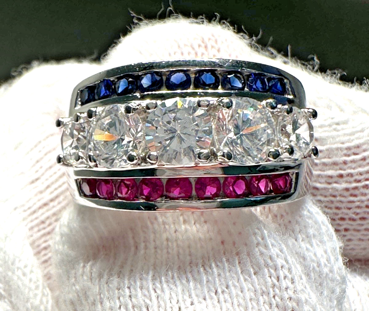 STERLING SILVER, PINK, BLUE & CLEAR BANDED ACCENTED BAND RING SIZE 7.25 H651
