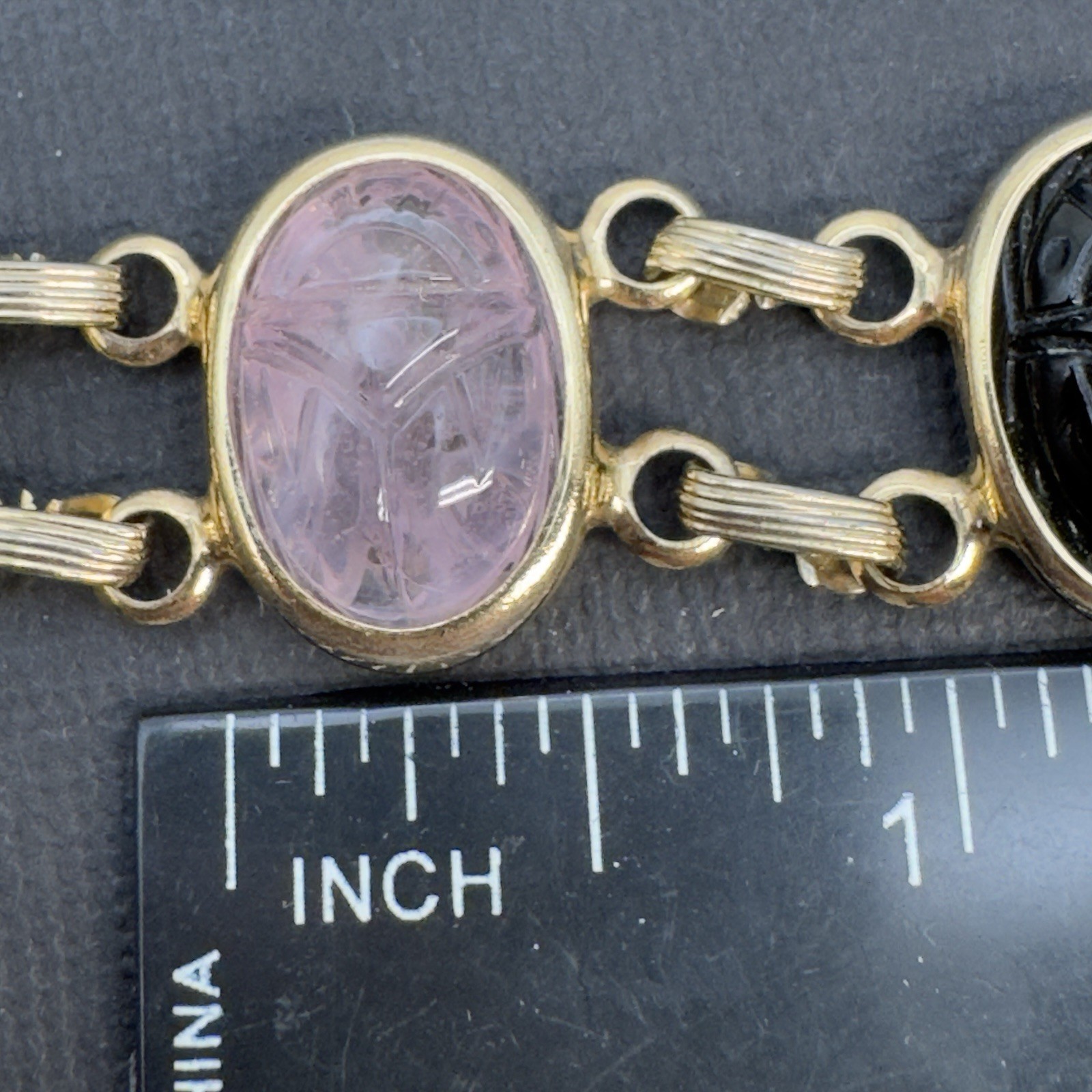 Vintage Double‑Strand Scarab Bracelet Gold Tone Carved Stones Safety Chain 7in