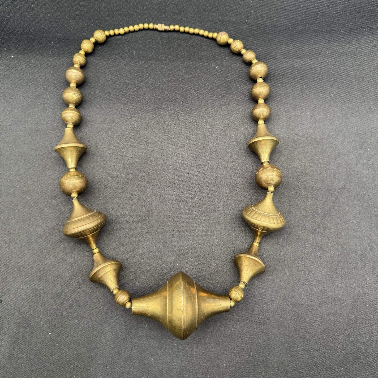 Large Brass Beaded Necklace Retro Screw Clasp Bohemian MCM Costume Jewlery