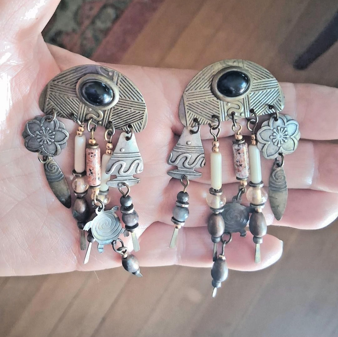 Old Hippy Style post earrings! Circa 1980 ! Turtles n Fish spikes Mixed Metals