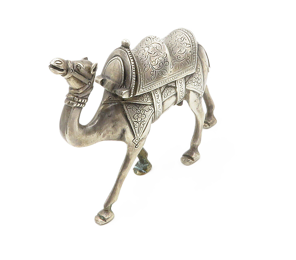 Solid Silver Vintage Floral Etched Large Camel Statue Figurine TR2117