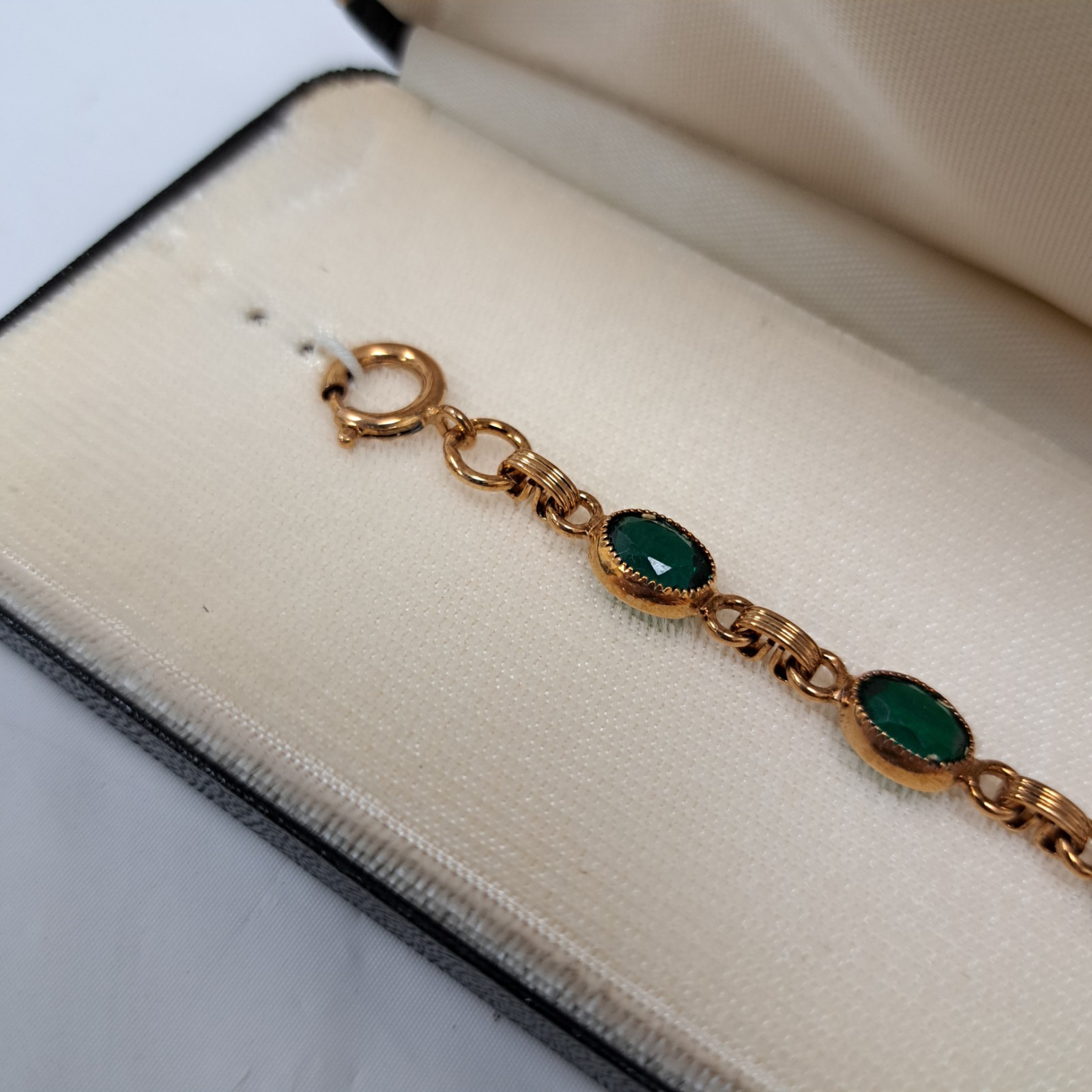 Vintage 6.5 In 12k Gold Filled Green Stone Double Heart Tennis Bracelet With Box