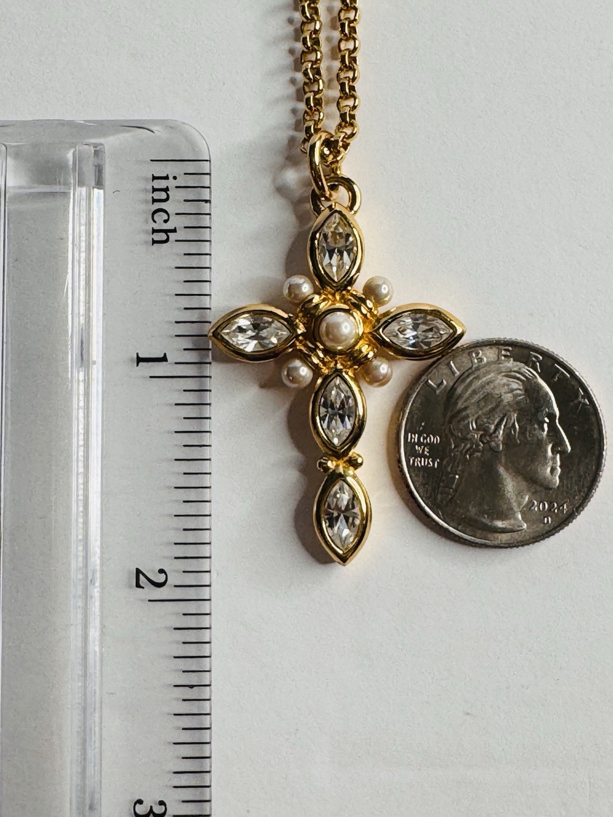 Extremely Unique Christian Dior Crystal and Faux Pearl Cross Pendant Necklace