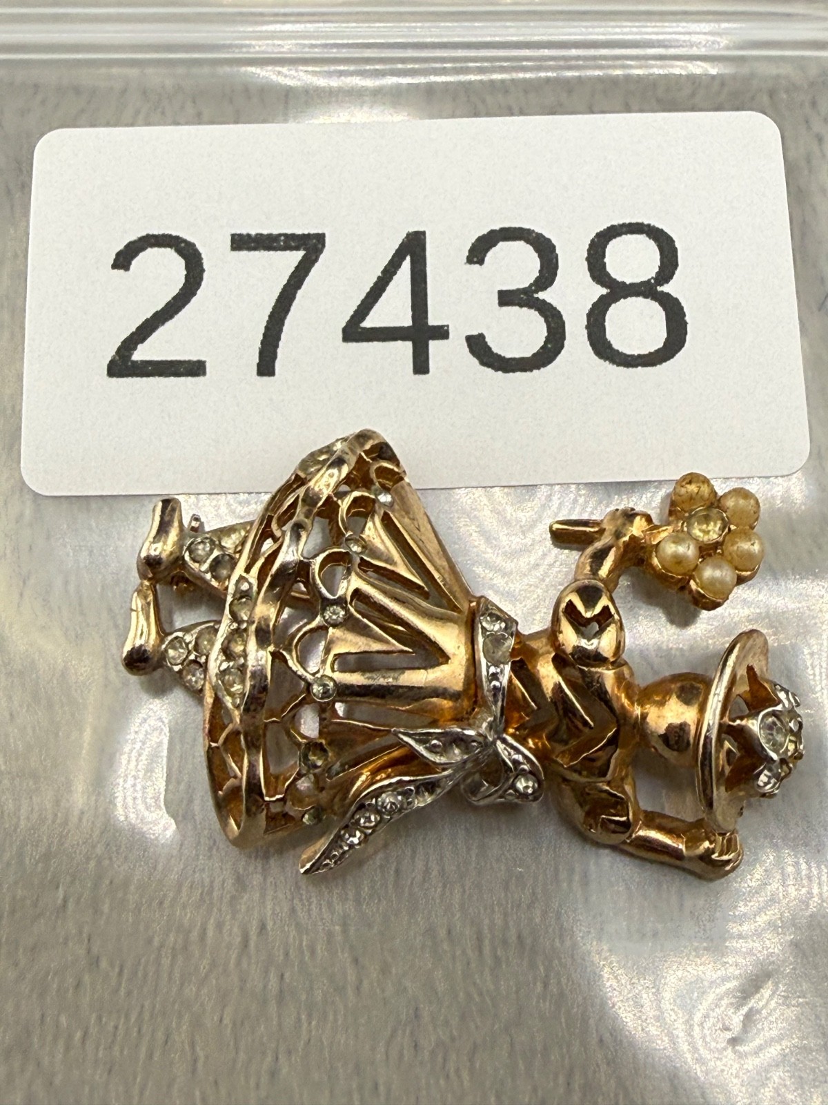 Vintage Rhinestone Brooch Figural Gold tone Woman with Flowers READ