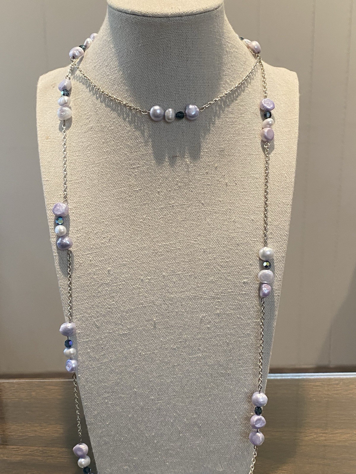 56” Lavender Pearl Silver Tone Chain Necklace With Blue Accent Beads