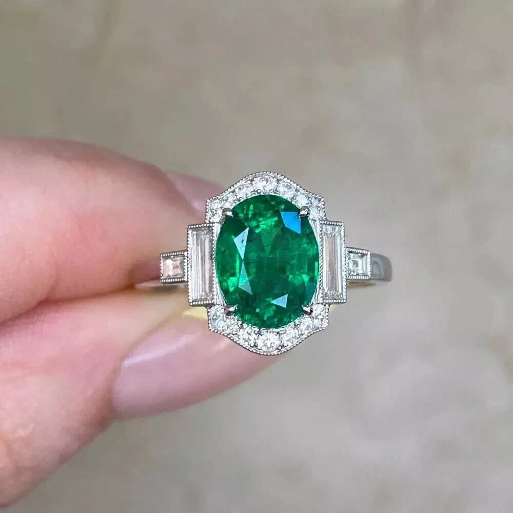4.25Ct Art Deco Style Lab Created Emerald Engagement 14K White Gold Finish Ring