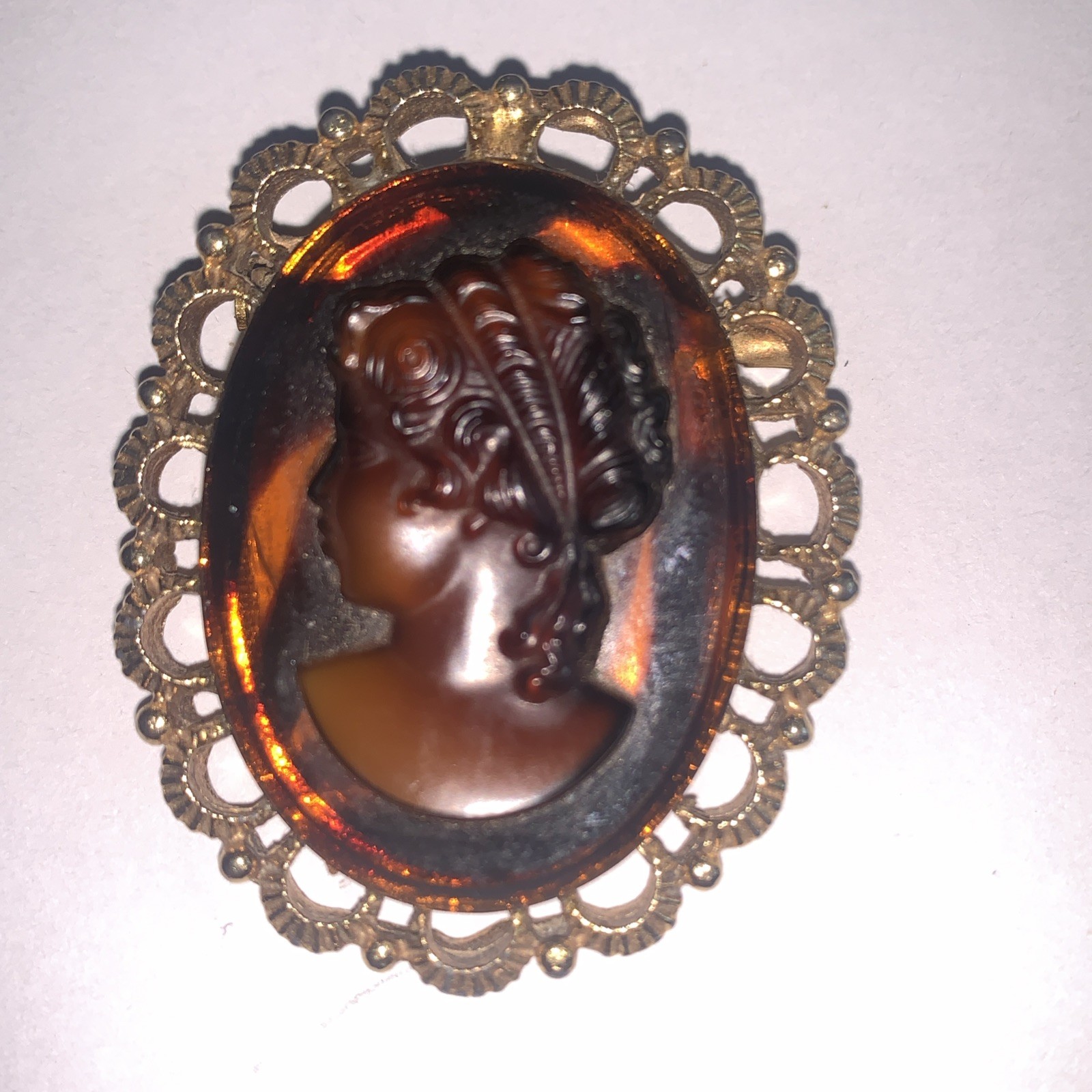 Brown Cameo Oval Framed Vintage Brooch Pendant Necklace
