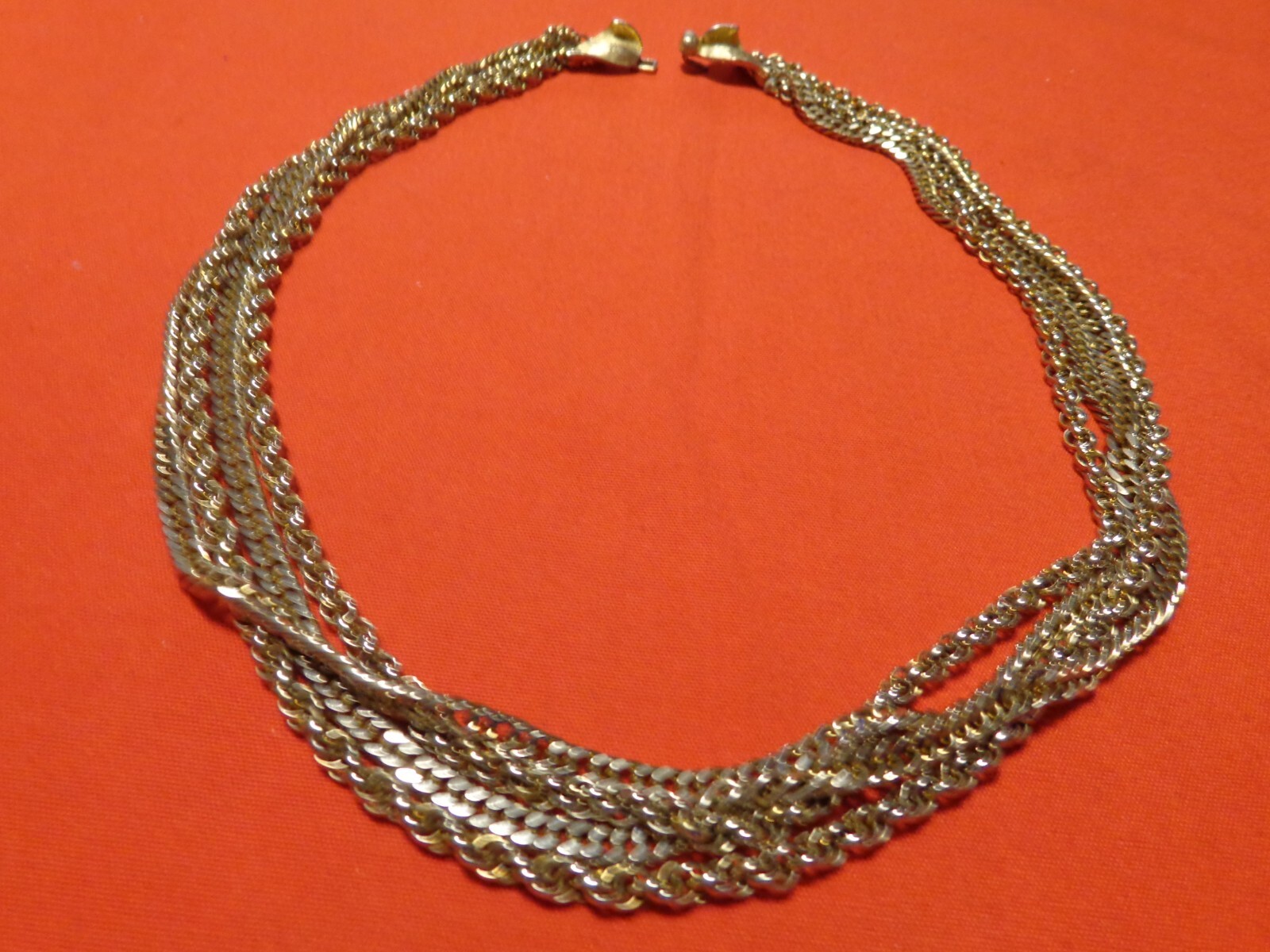 ANTIQUE ART DECO NECKLACE 21 in 4 STRANDS OF GOLD TONE CHAINS VERY SHARP # 031