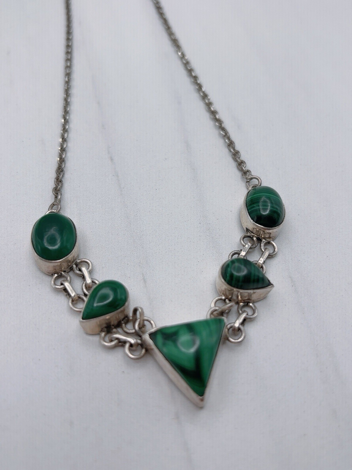 Sterling Silver 925 Malachite Green Stone necklace Triangle Stone