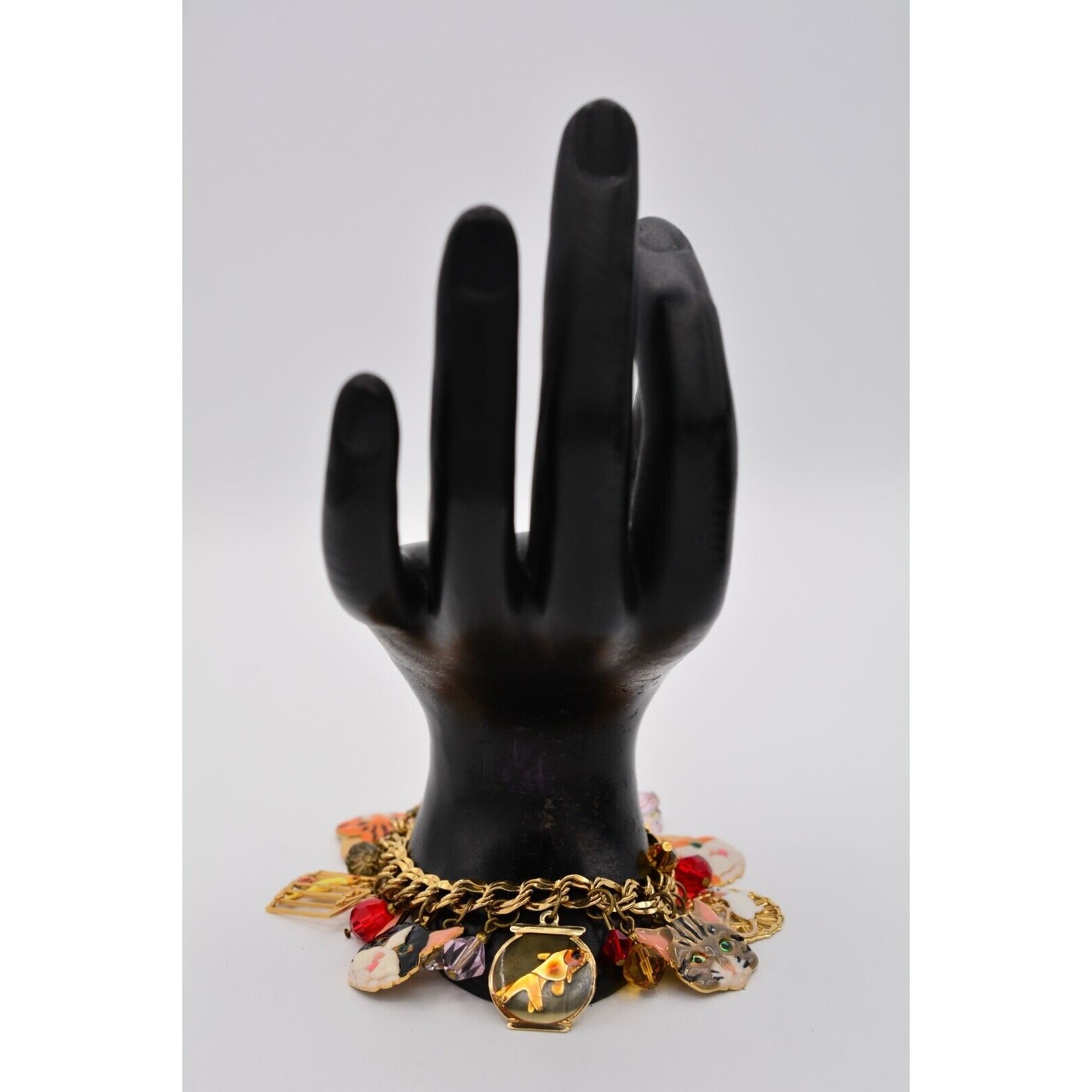 Lunch at The Ritz Vintage Cat Charm Bracelet Bird Fish Crystal Signed 1990s Bin6