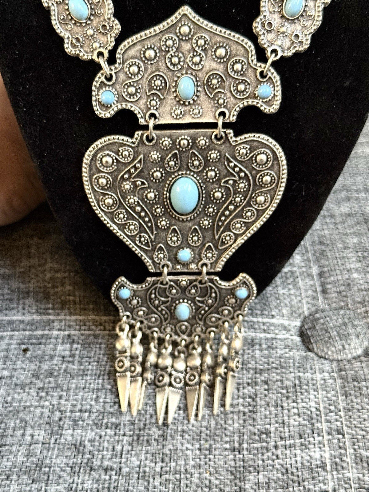 Vintage Bohemian Gothic Art Silver Alloy Pressed Metal Faux Blue Turquoise