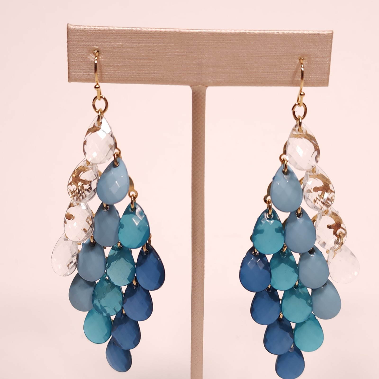 Avon Dangle Earrings Blue Teal Clear Nautical Beach Art Deco Gold Tone Fashion