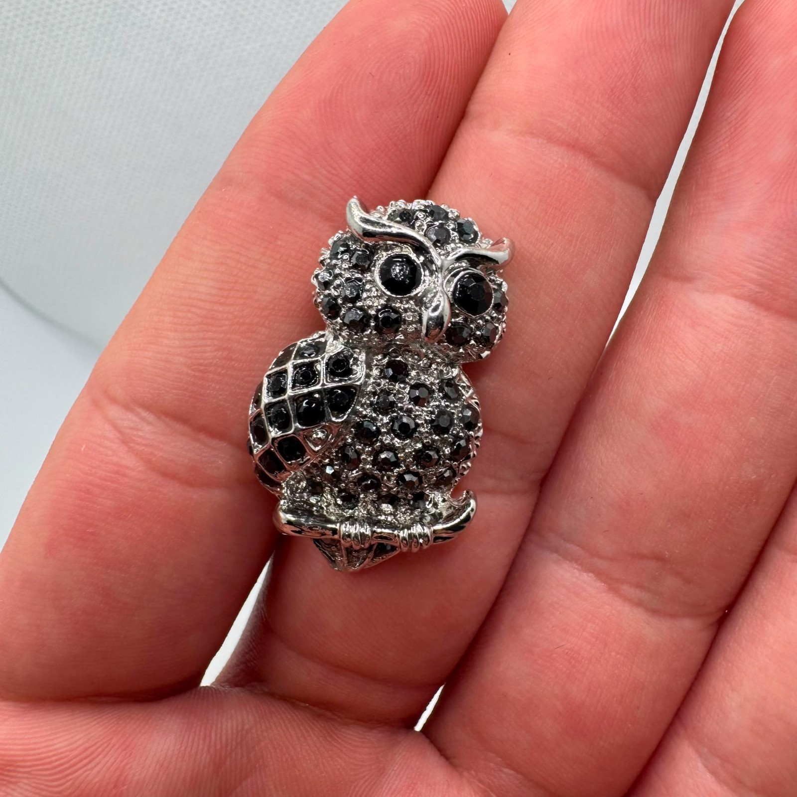 Vintage Black Crystal Owl Brooch Silver Tone Owl Pin Gift for Her