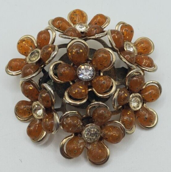 Beautiful GOLDEN BROWN AMBER FLOWER RHINESTONE BROOCH PIN