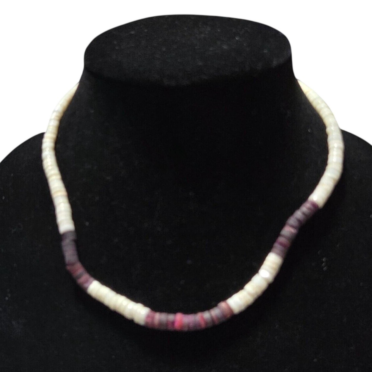 Vintage White Purple Heishi Shell Necklace Magnetic Closure Beach Core Surfer