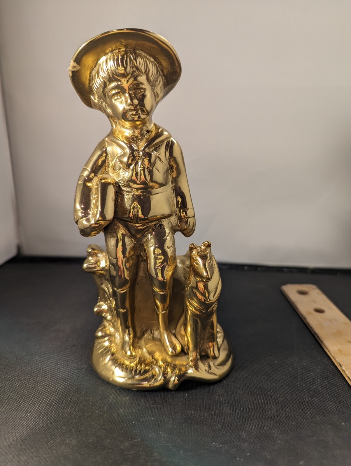 Brass Vtg Boy, Carrying Books, With His Dog By His Side, Statue, Paper Wte