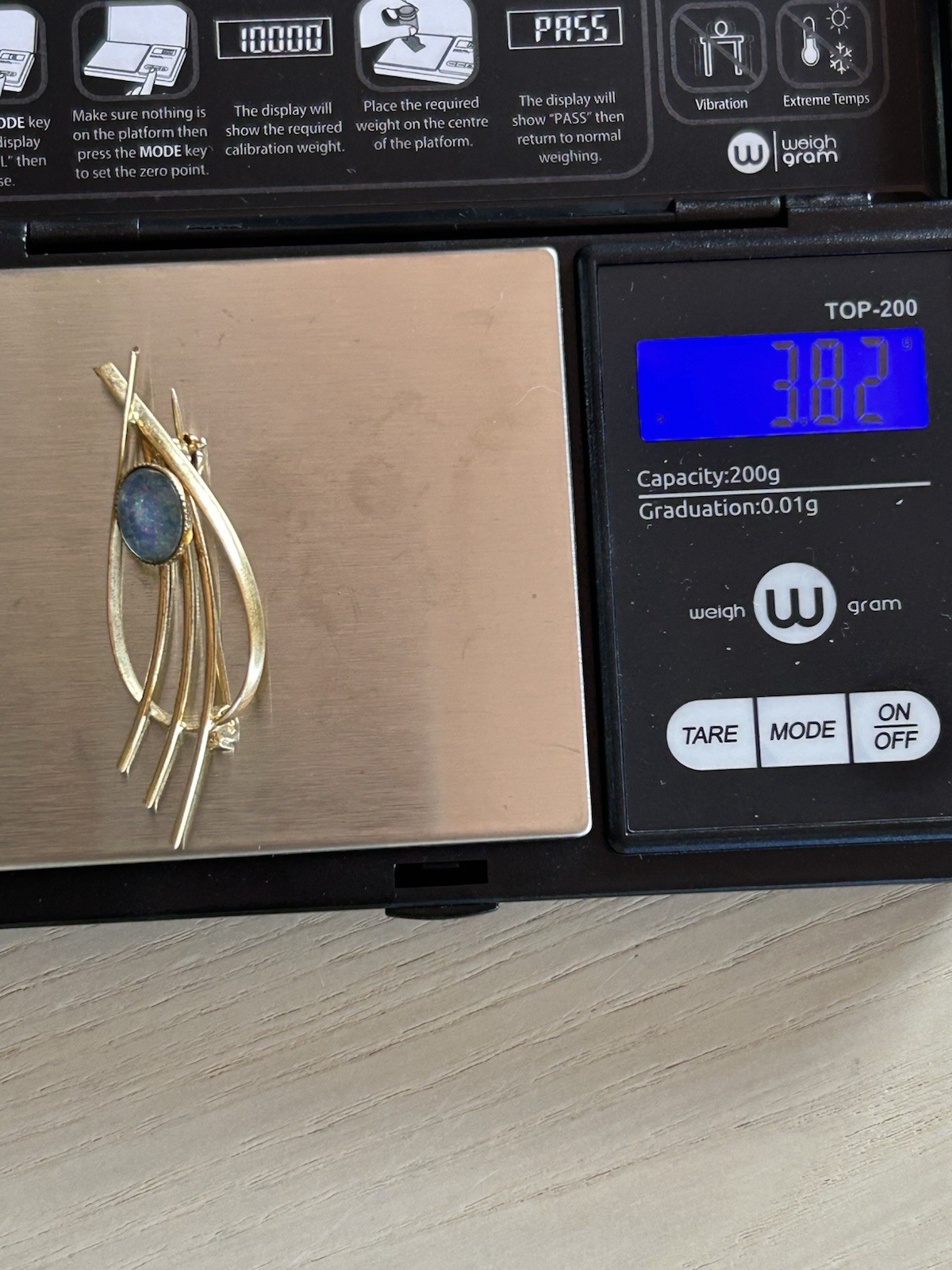 Vintage Mid-Century Modernist Gold Plated Blue Opal Brooch Pin, Rollover Clasp