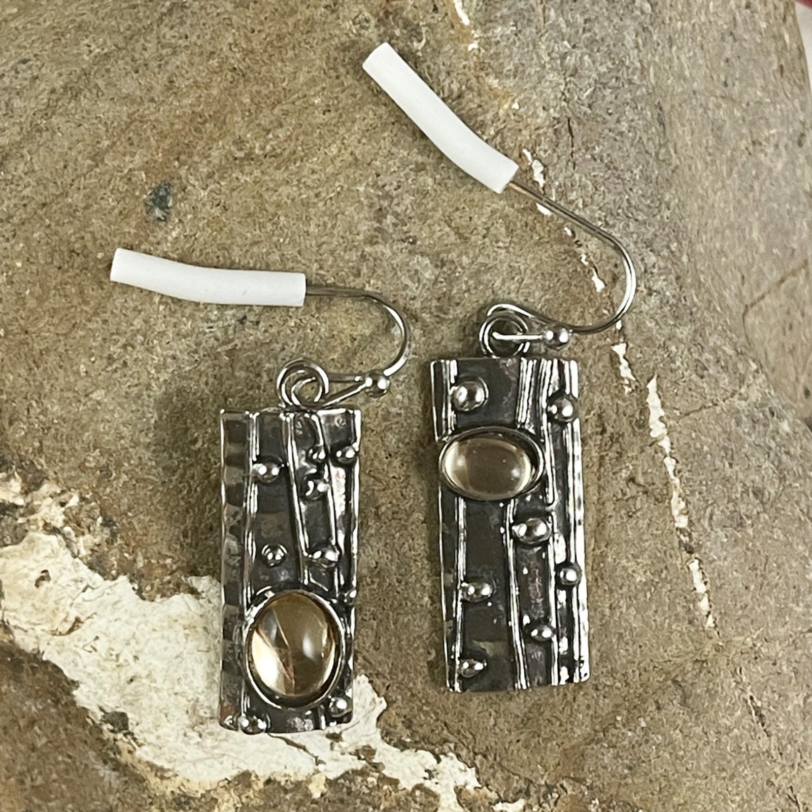 Vintage Goldtone Stone Rectangular Hook Earrings 1.75”