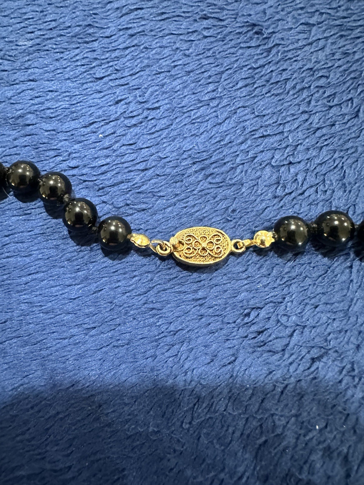Vtg Chinese Floral Cloisonné Black Onyx Gilt Silver Clasp Necklace, 25in Long