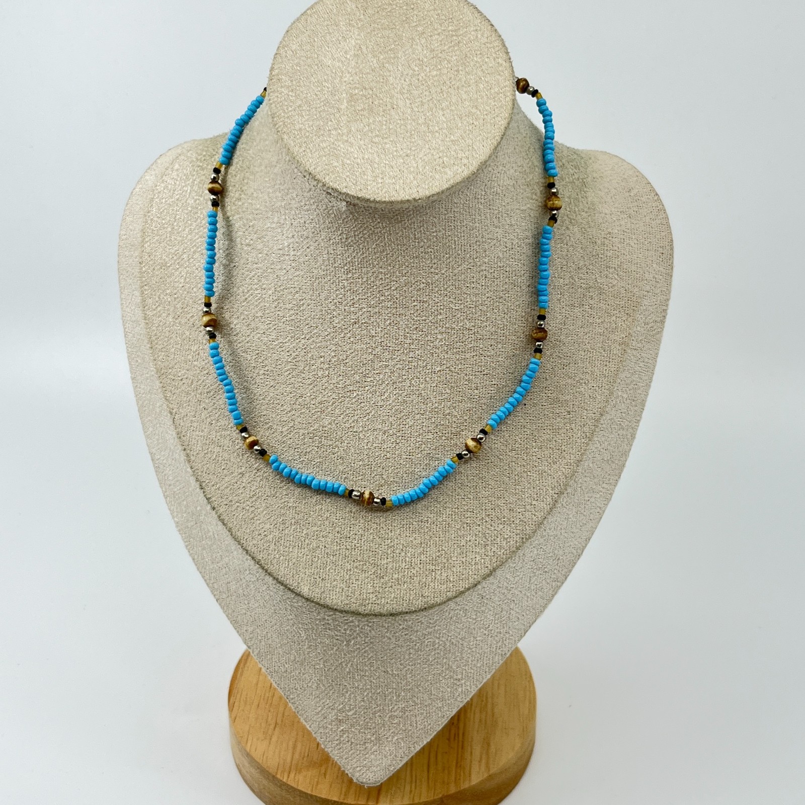 Vintage Style Blue Seed Bead & Earth Tone Accent Necklace Boho Summer Jewelry