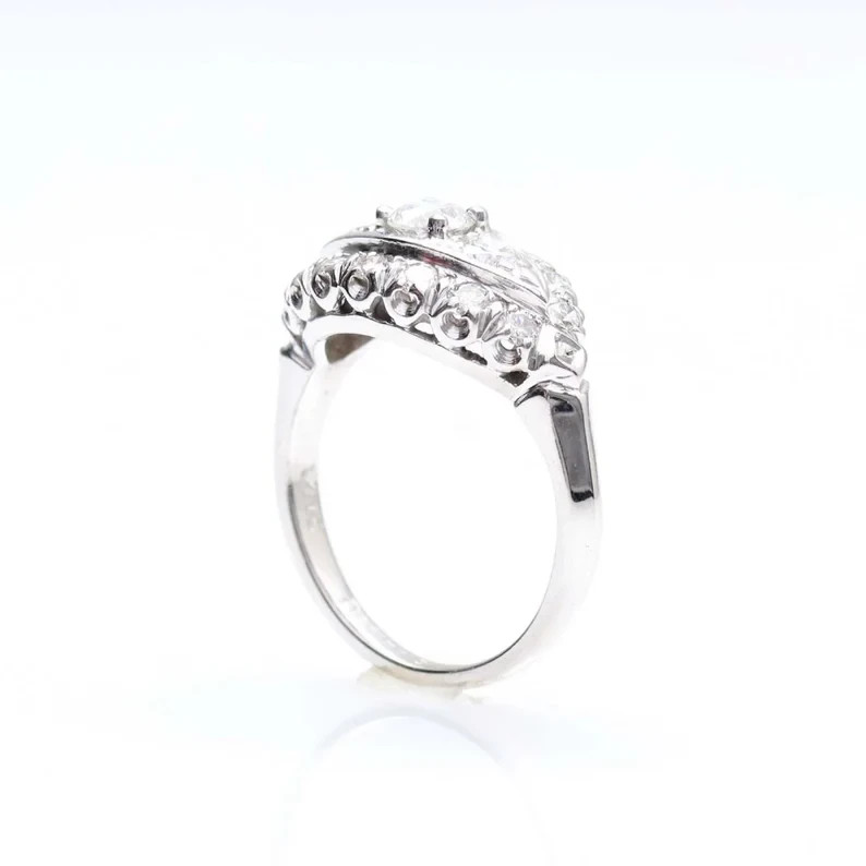 Art Deco Style Lab Created Diamond Three-Stone Wedding 14K White Gold FN Ring