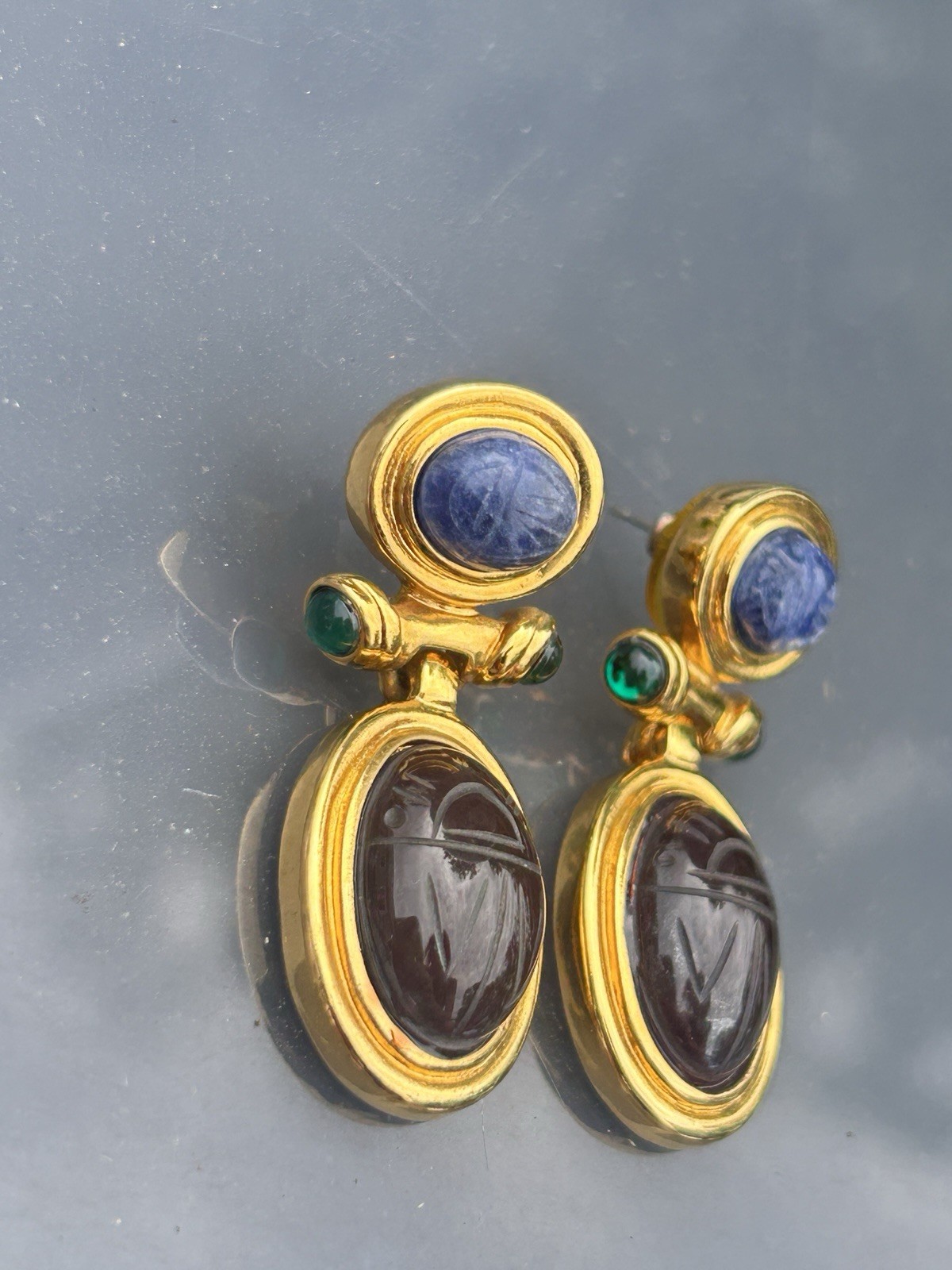 Unsigned GIVENCHY Carved Scarab Earrings Lapis Carnelian Emerald Green Cabochon