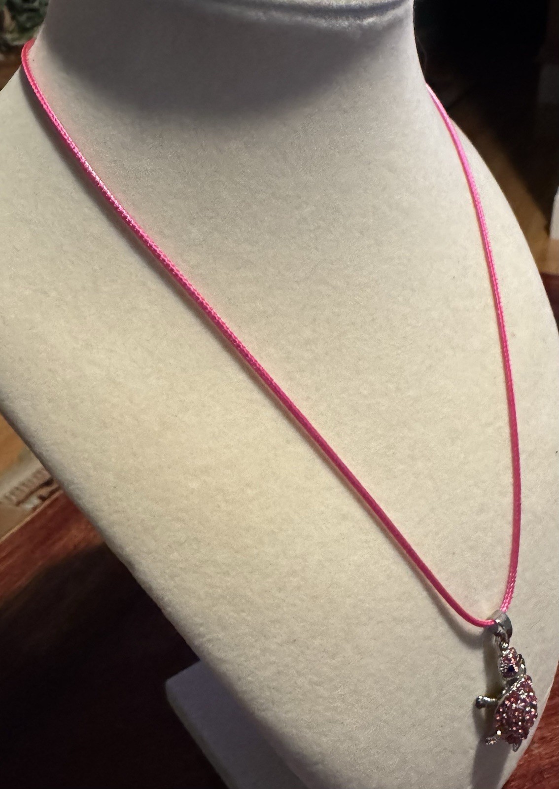 Vintage Silvertone & Pink Rhinestone Turtle Pendant On Pink Cord Necklace 16”