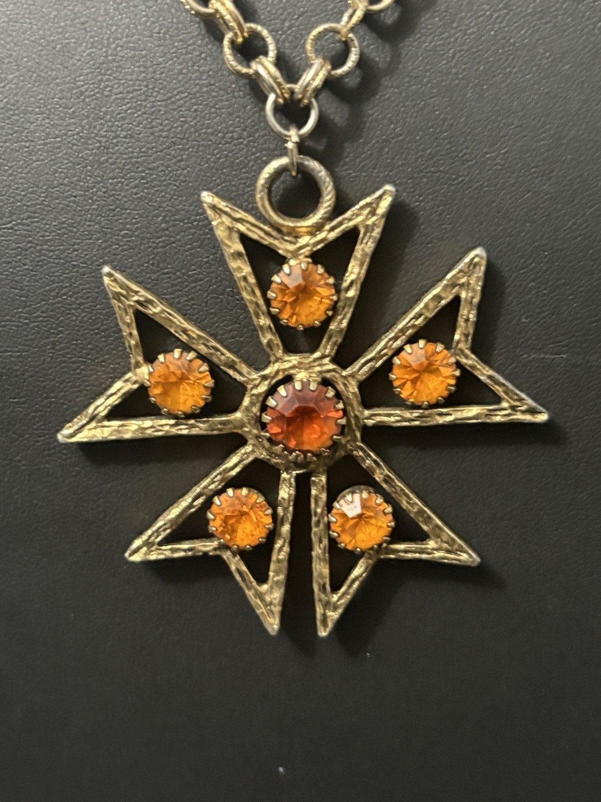 Vintage Edlee Pendant Necklace Maltese Cross Rhinestone Starburst Gold Tone 30”