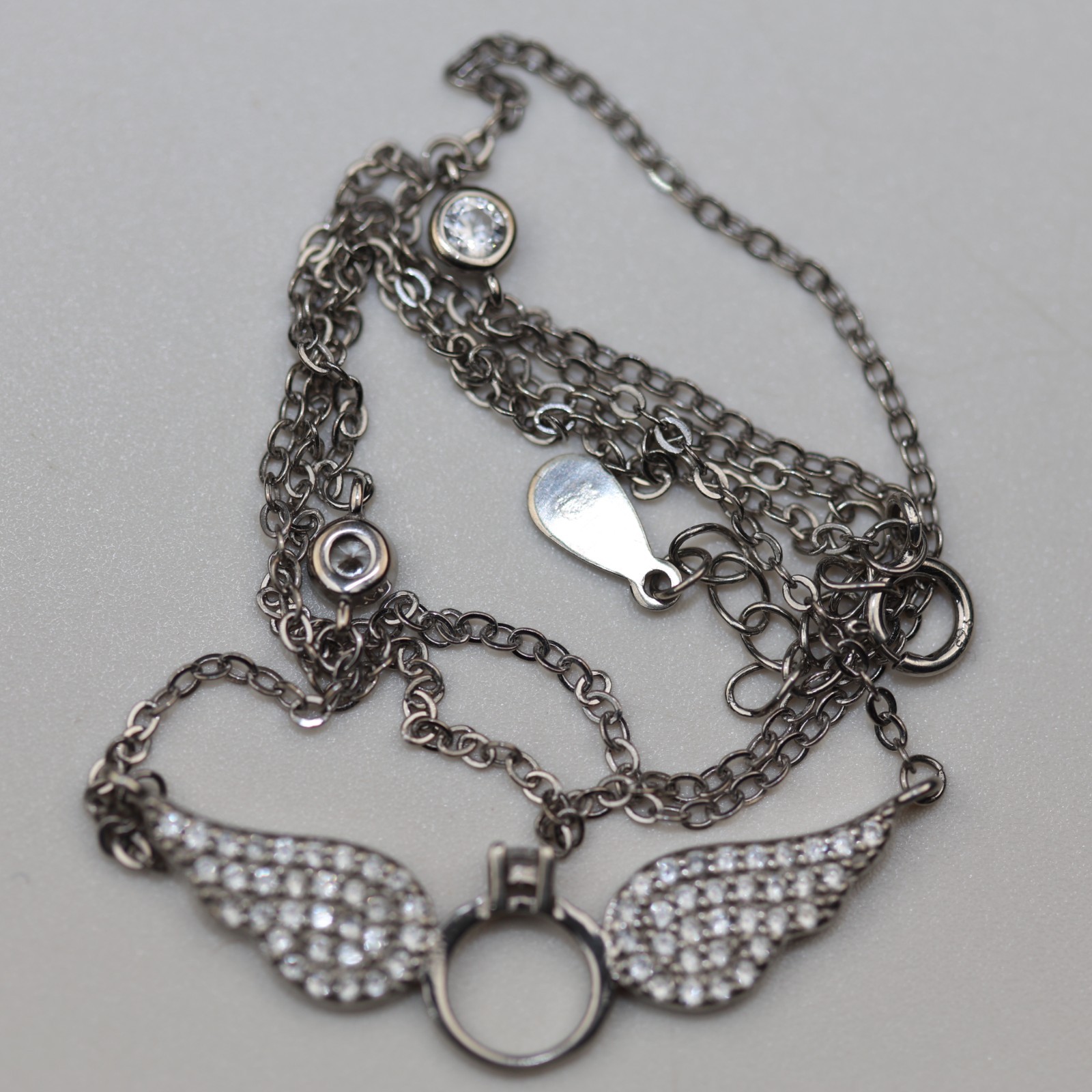 Angel Wings and Ring with Gemstones Pendant Necklace Sterling Silver