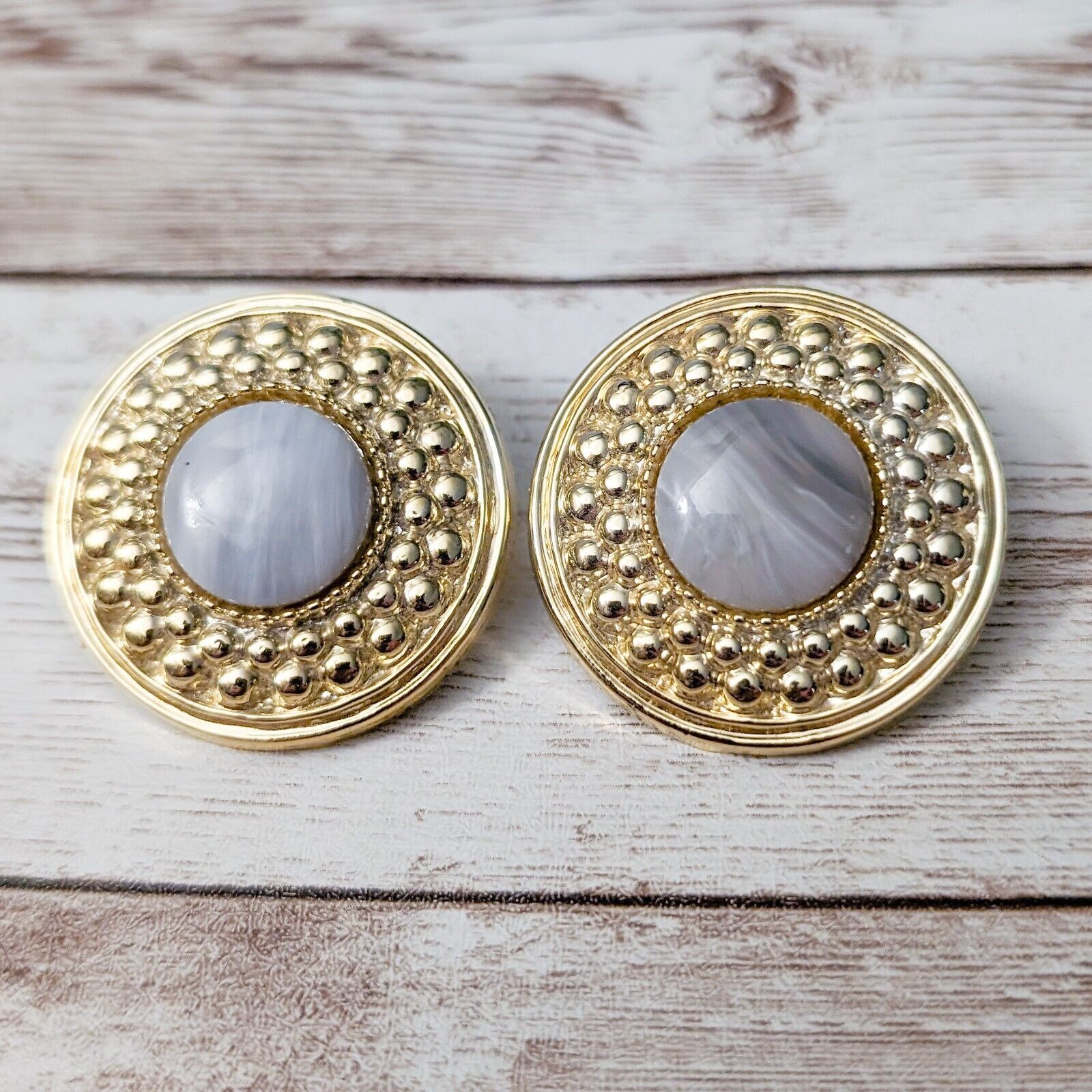 Vintage Clip On Earrings Stunning Statement Gold Tone with Unusual Center 1.25″