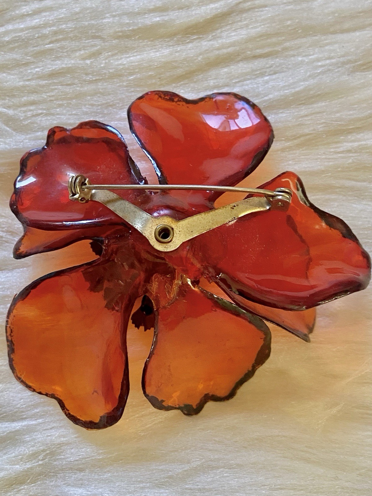 Vintage Cellulose Acetate Flower Brooch Large MCM Red Pink Orange Rhinestone Pin