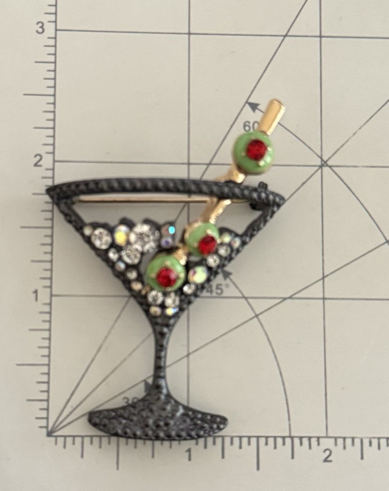 Vintage style Martine glass w/olives brooch enamel on gold tone metal