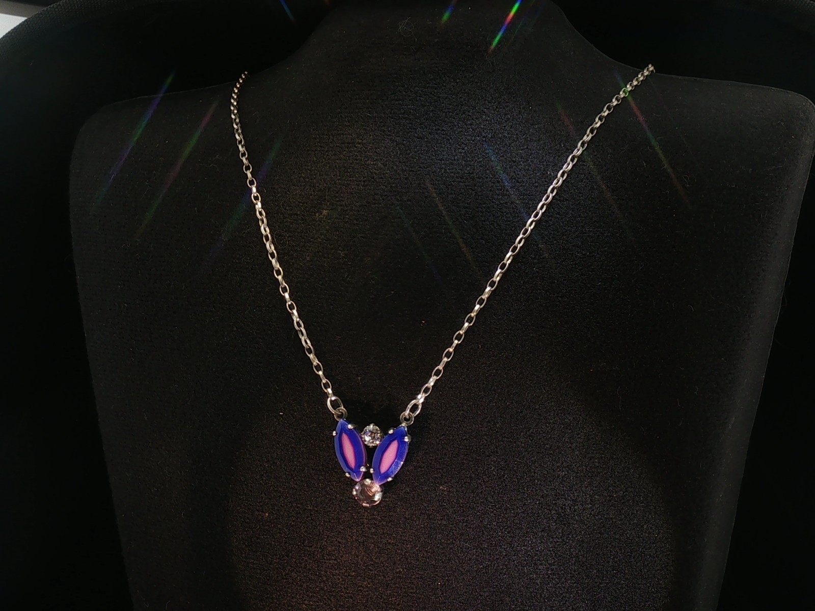 Vintage Sabika Necklace – Purple & Pink Crystal Pendant, Signed Statement Chain