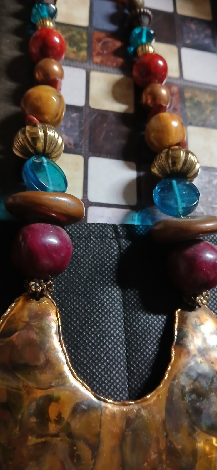 Signed SURLES Vintage Modernist Brass Bib Necklace Colorful Art Glass Beaded
