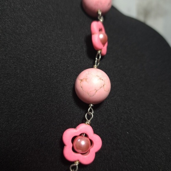 Vintage Handmade Women’s Necklace Pink Cotton Candy Natural Stones, Faux Pearls