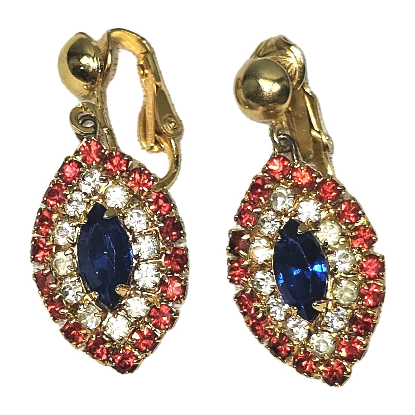 Vintage Patriotic Red White Blue Rhinestone Clip On Earrings | 1.5″ | Gold Tone