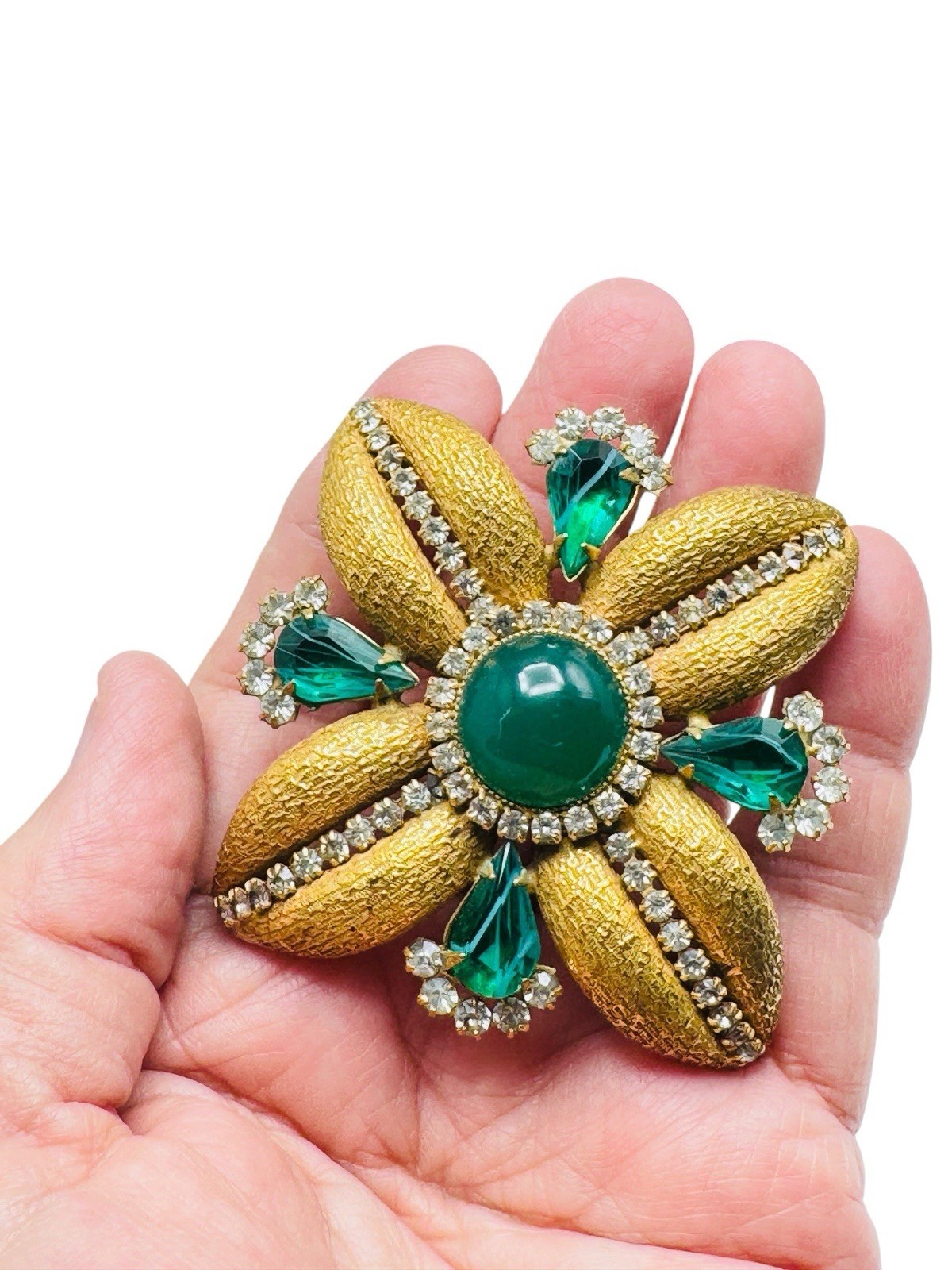Vintage Kramer? Flawed Emerald Rhinestone Maltese Cross Brooch Pin