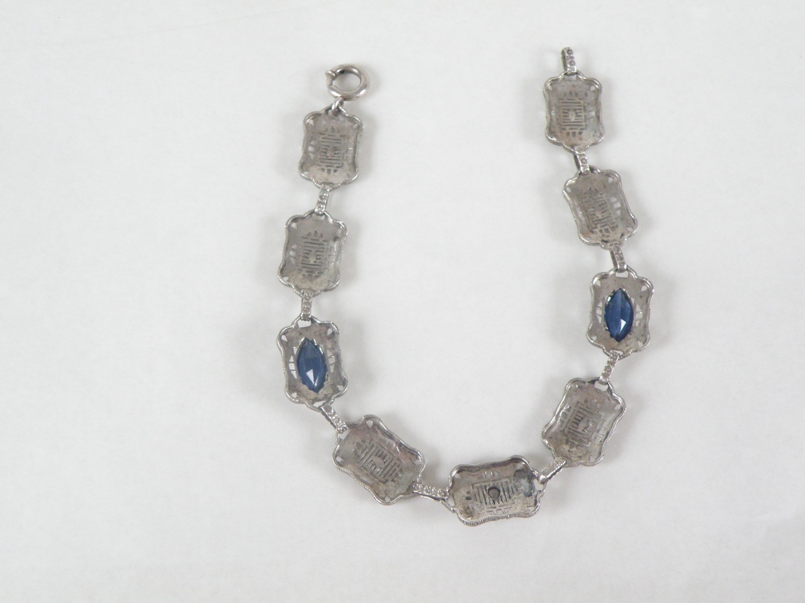 Art Deco Sterling Silver Sapphire Paste Filigree Station Antique Bracelet 7.5″