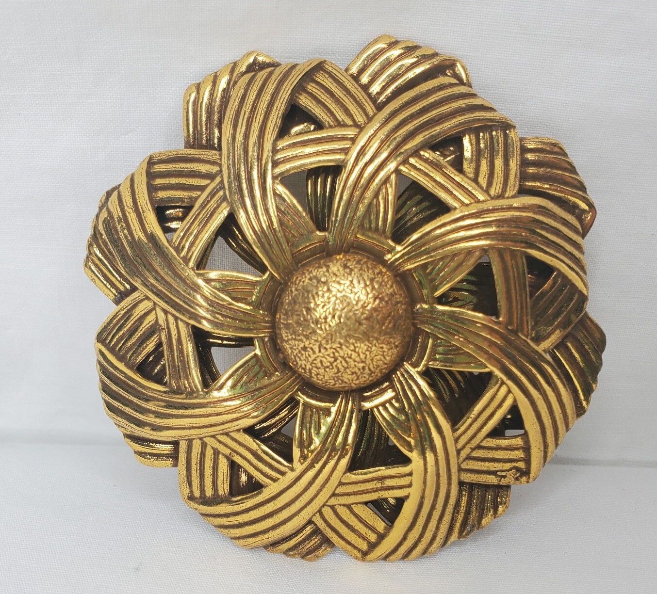 Vintage Gold Tone Flower Brooch Large Layered Figural Pin Woven Layers Texture