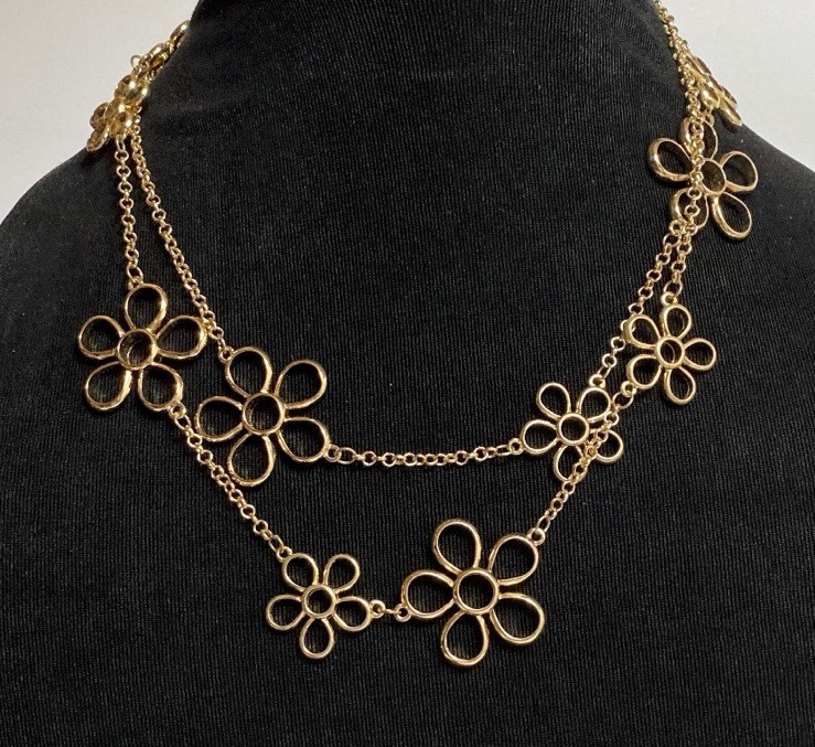 Vintage Gold Tone Multi Flower Chain /Statement Necklace 35” +3.5” Extension
