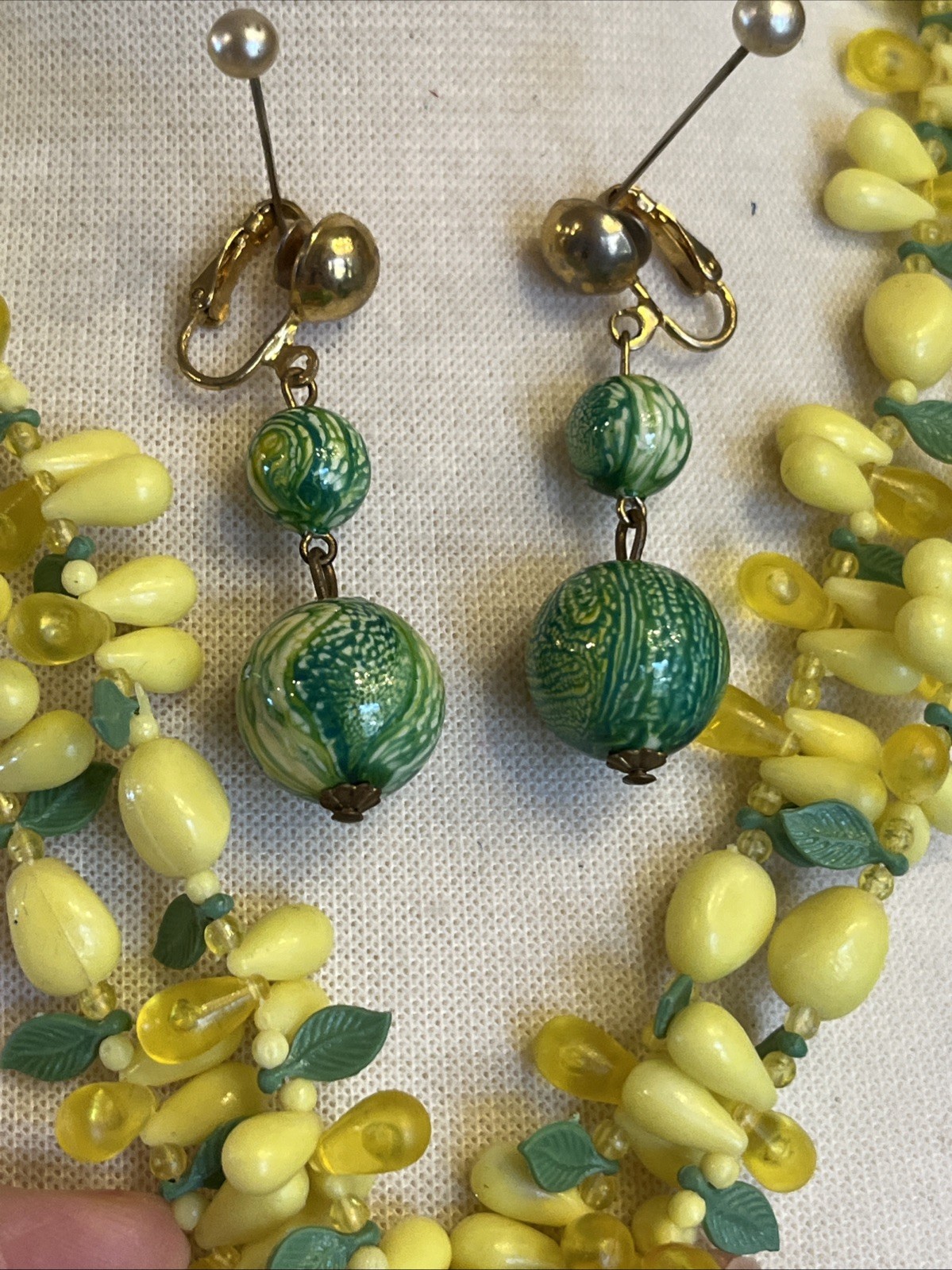 Vintage 2 Strand Tutti Fruity Lemon Necklace Czech Dangle Drop Clip Earrings Set