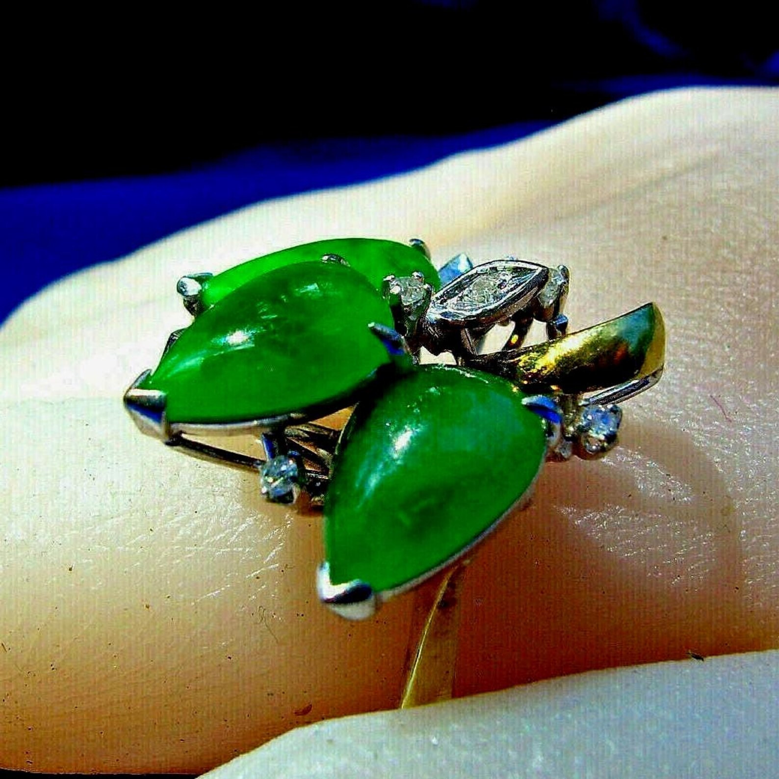 EARTH MINED Jadeite JADE Antique DIAMOND Ring Art Deco SOLID 14K GOLD Statement