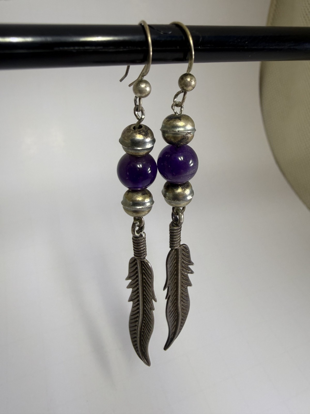 Vintage Amethyst Bead Feather Dangle Earrings Silver Tone Boho Western
