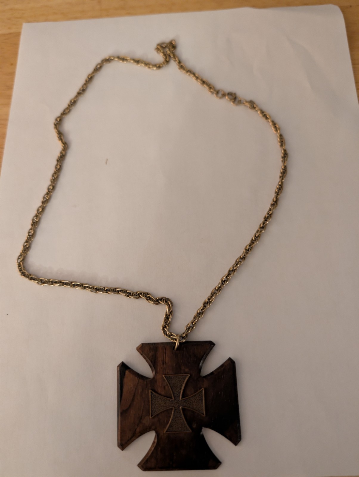 Vintage 1970s Wood Iron Cross Necklace Surfer Biker Large Pendant Brass Inlay…