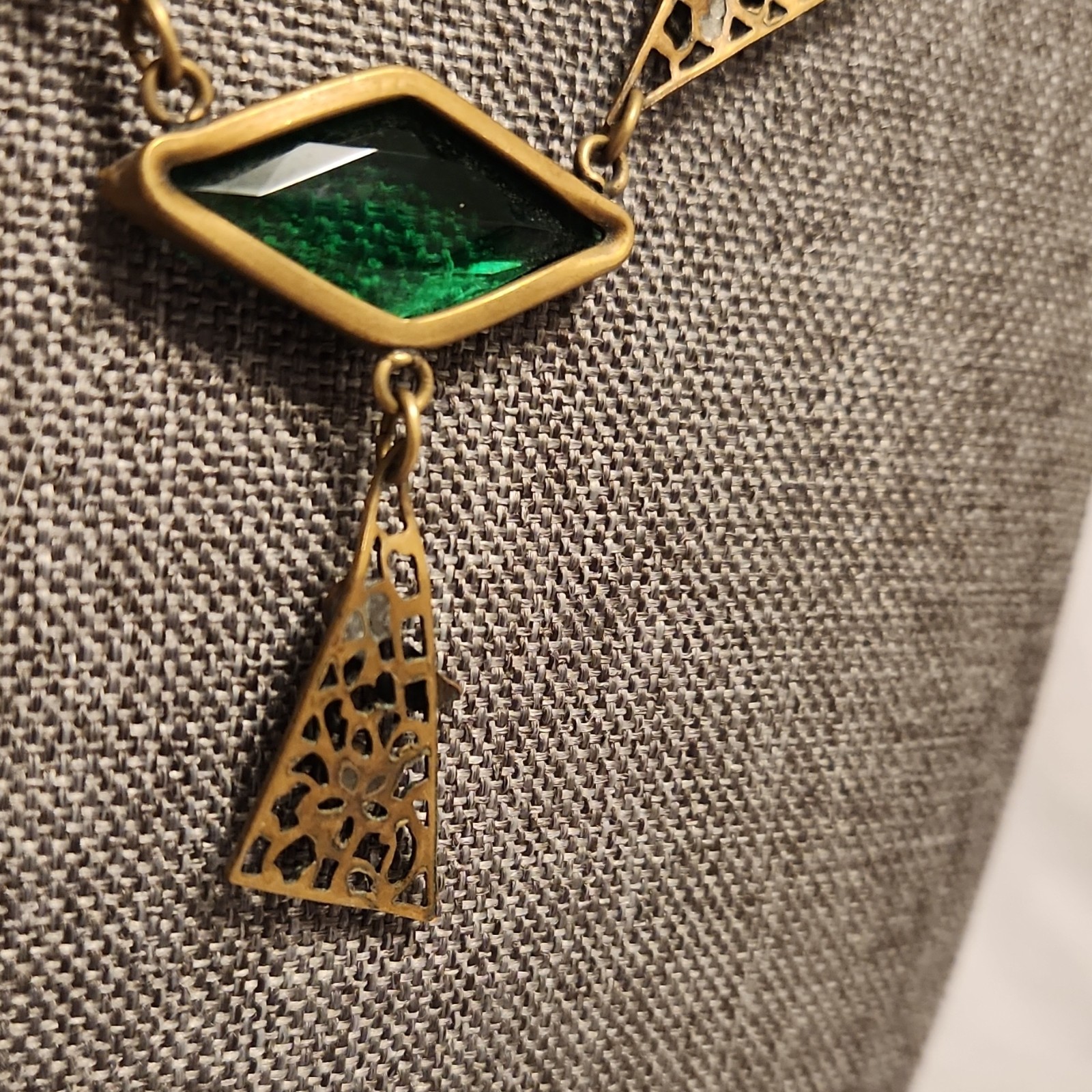 Vintage 1920’s transition style brass, enamel, green glass paste necklace