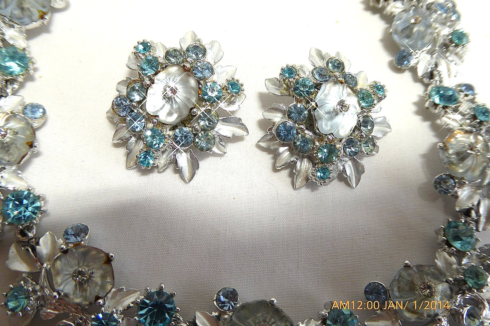 FABULOUS FLORENZA ART GLASS ENAMEL RHINESTONE NECKLACE EARRINGS SET